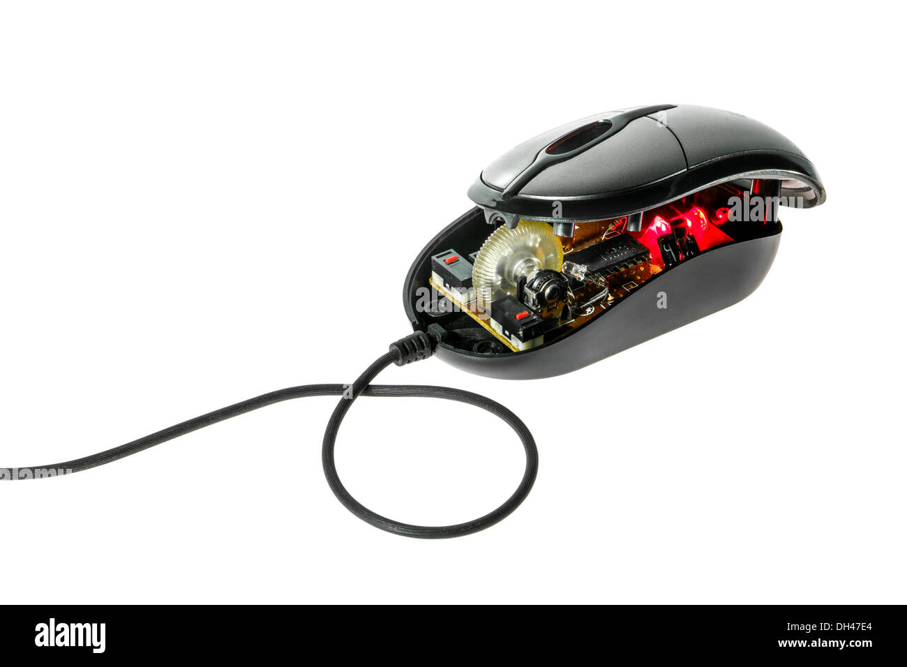 Smontare il computer mouse ottico isolato su bianco. Foto Stock