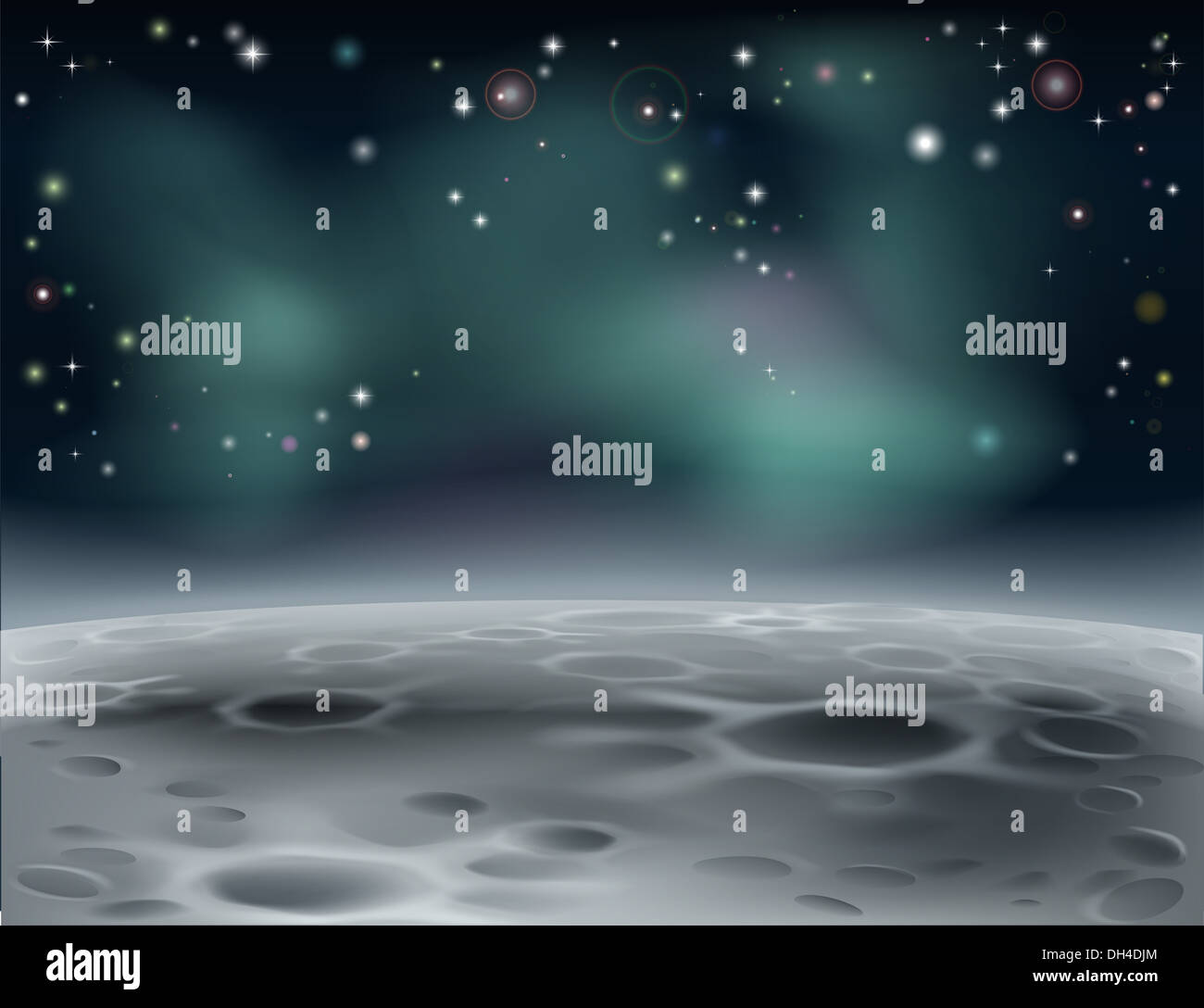 La superficie della luna o alien parola nello spazio illustrazione dello sfondo con stelle e crateri Foto Stock