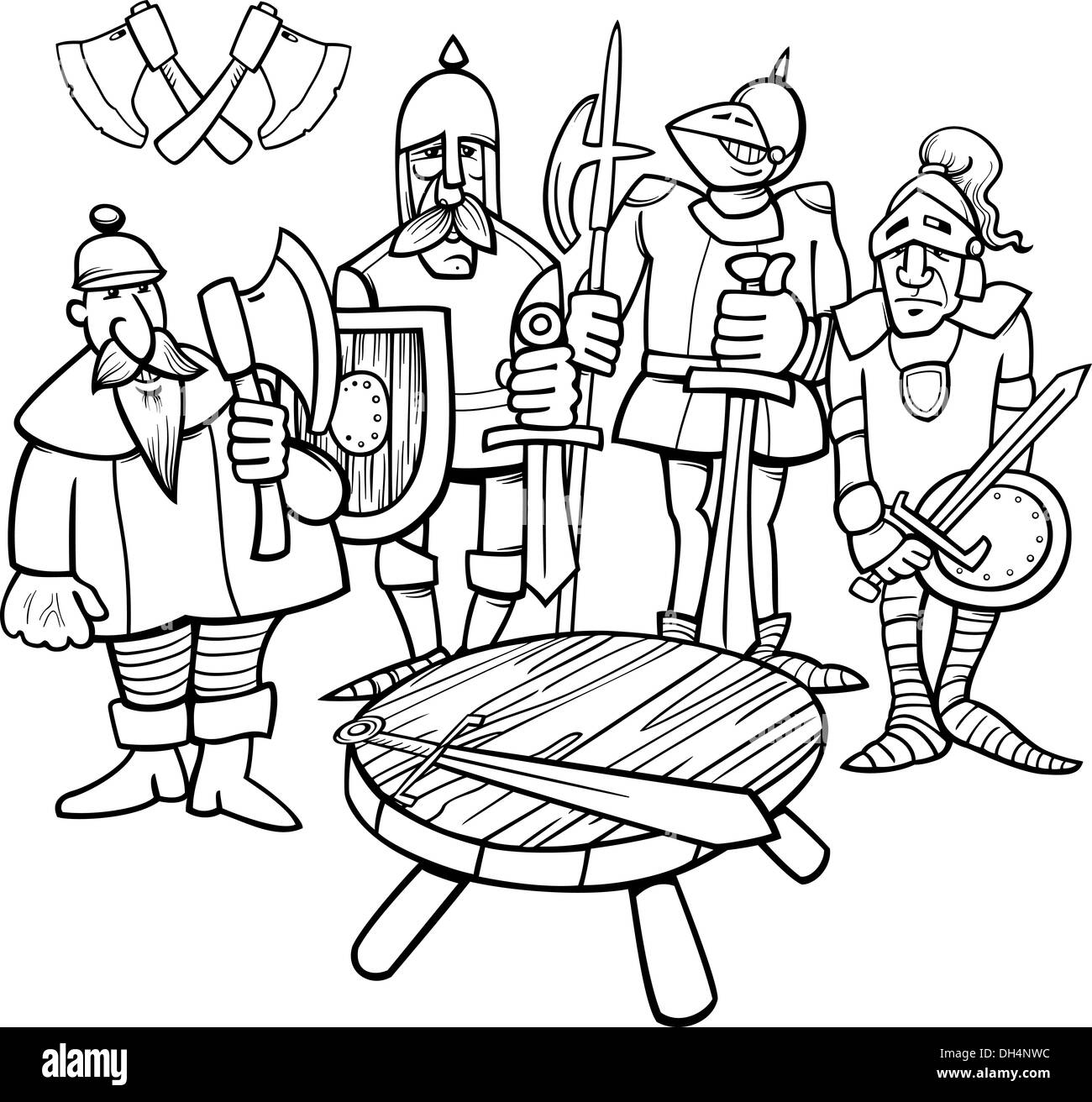 Bianco e Nero Cartoon illustrazione dei leggendari cavalieri della Tavola  Rotonda per il libro da colorare Foto stock - Alamy