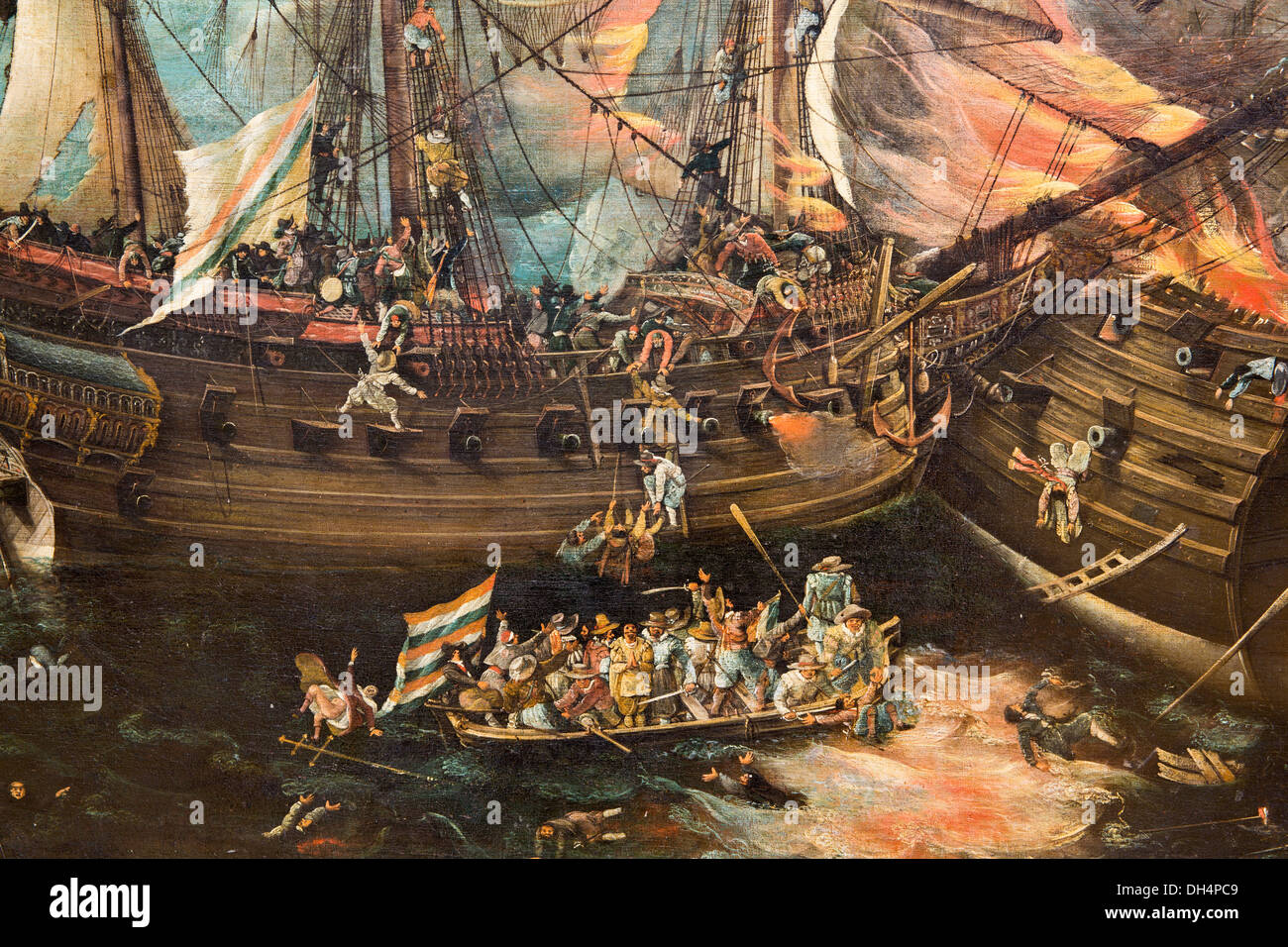Paesi Bassi, Amsterdam, Rijksmuseum. L'esplosione della nave ammiraglia spagnola durante la battaglia di Gibilterra, Cornelis Claesz van Wieringen Foto Stock