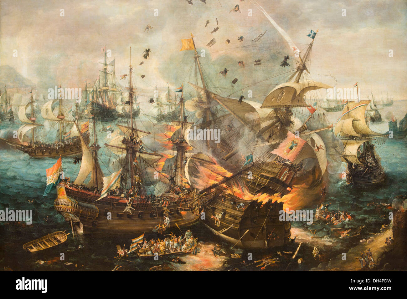 Paesi Bassi, Amsterdam, Rijksmuseum. L'esplosione della nave ammiraglia spagnola durante la battaglia di Gibilterra, Cornelis Claesz van Wieringen Foto Stock