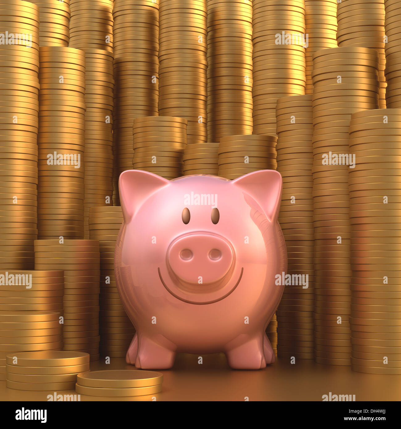 Salvadanaio con pile di monete d'oro in background. Foto Stock