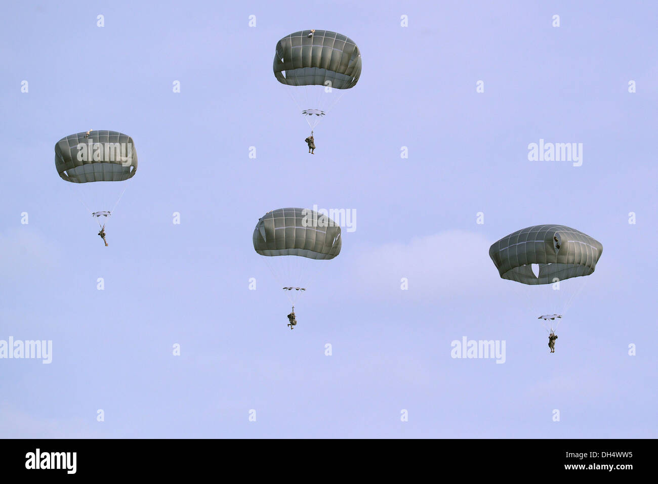 Stati Uniti I soldati dell esercito, assegnato a 173rd della brigata di fanteria combattere Team (airborne), condurre una lotta contro la formazione salto con T-11 paracadute da un C-130 Hercules al settimo esercito Multinatio comune Foto Stock