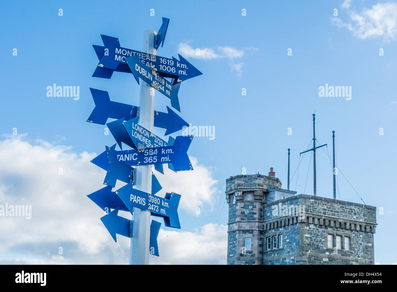 Blu le frecce di direzione su un palo con caratteri bianchi a siti distanti e la distanza in miglia o chilometri, come Montreal, Dublin etc. Foto Stock