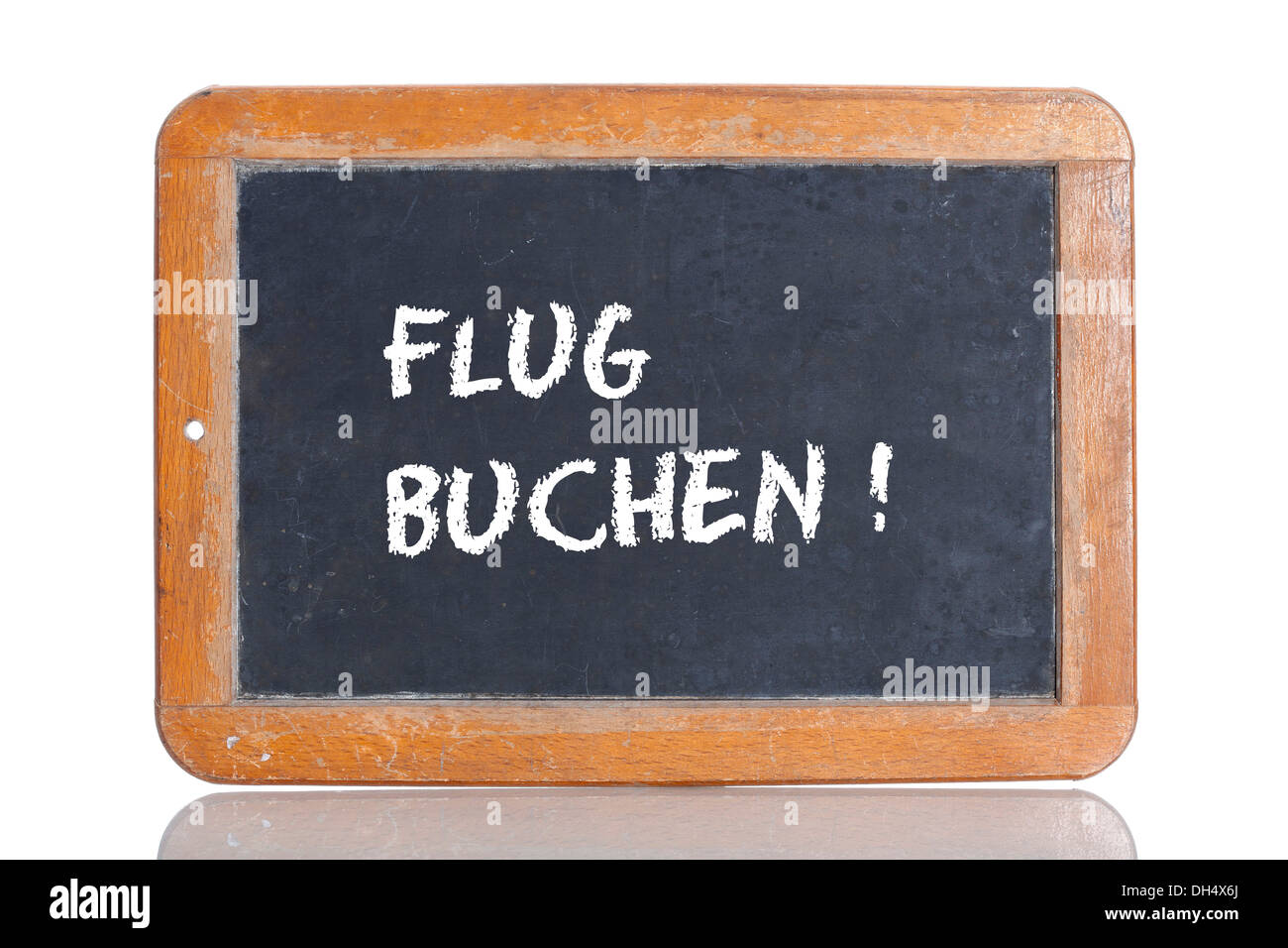 Vecchia scuola lavagna con le parole societé Flug buchen!, Tedesco per prenotare un volo! Foto Stock