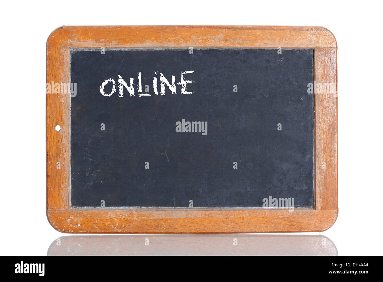 Vecchia lavagna, lettering "online" Foto Stock