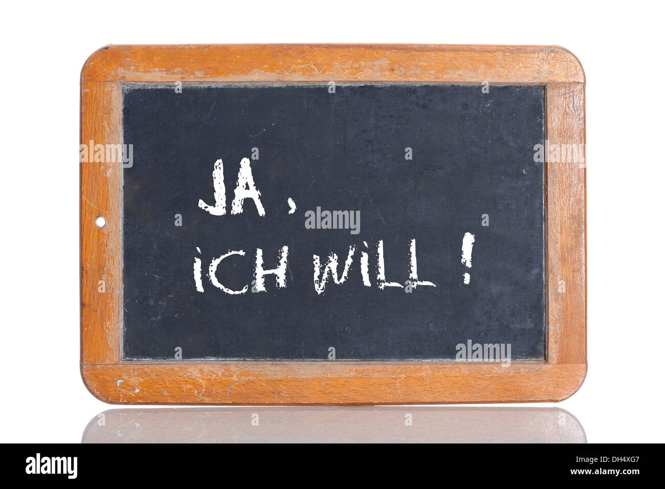 Vecchia scuola lavagna con le parole JA, ICH!, tedesco per il sì, io! Foto Stock