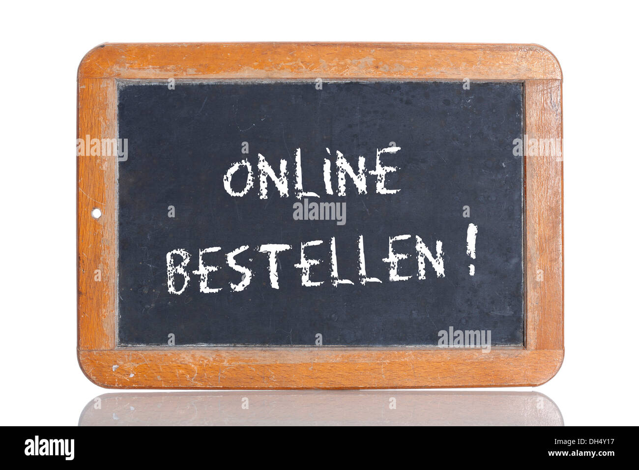 Vecchia scuola lavagna con le parole online bestellen!, tedesco per il nuovo: ordine online! Foto Stock