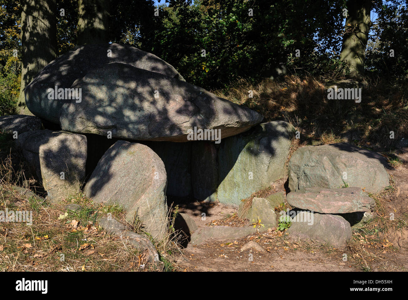Dolmen neolitico nella tomba megalitica di Lancken-Granitz, Isola di Rugia (Ruegen) Mecklenburg-Hither Pomerania Occidentale, Germania Foto Stock