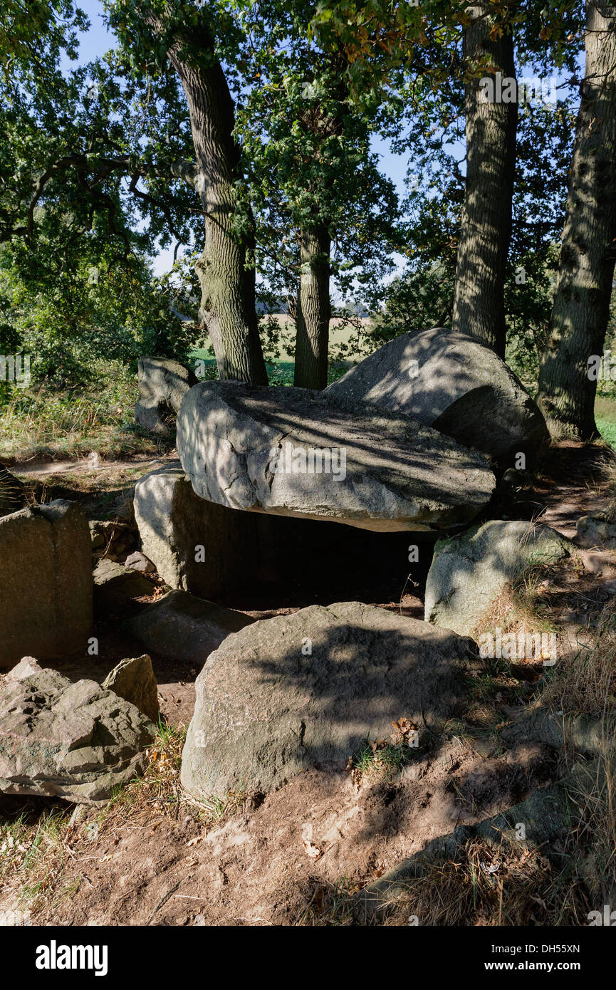 Dolmen neolitico nella tomba megalitica di Lancken-Granitz, Isola di Rugia (Ruegen) Mecklenburg-Hither Pomerania Occidentale, Germania Foto Stock