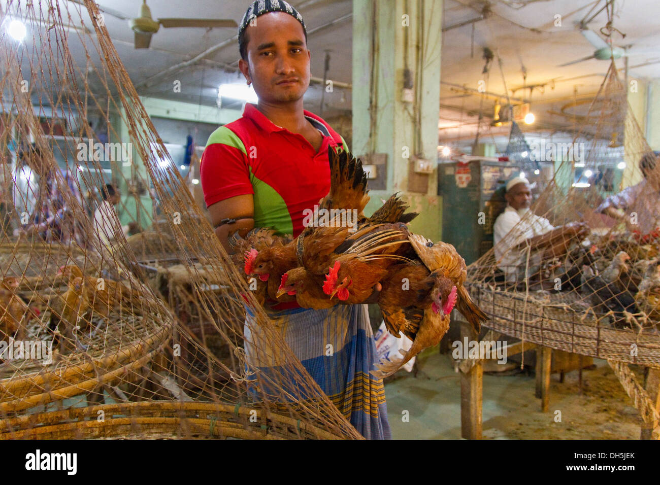 Venditore regge quattro polli in aria, Nuovo Mercato, Dhaka, Bangladesh, Asia del Sud, Asia, Asia Foto Stock