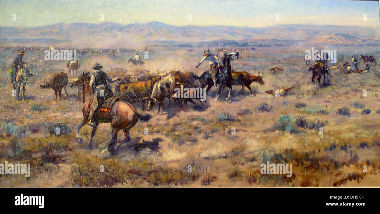 Il Roundup n. 2 - dipinto dall'artista americano Charles Marion Russell nel 1913 Foto Stock