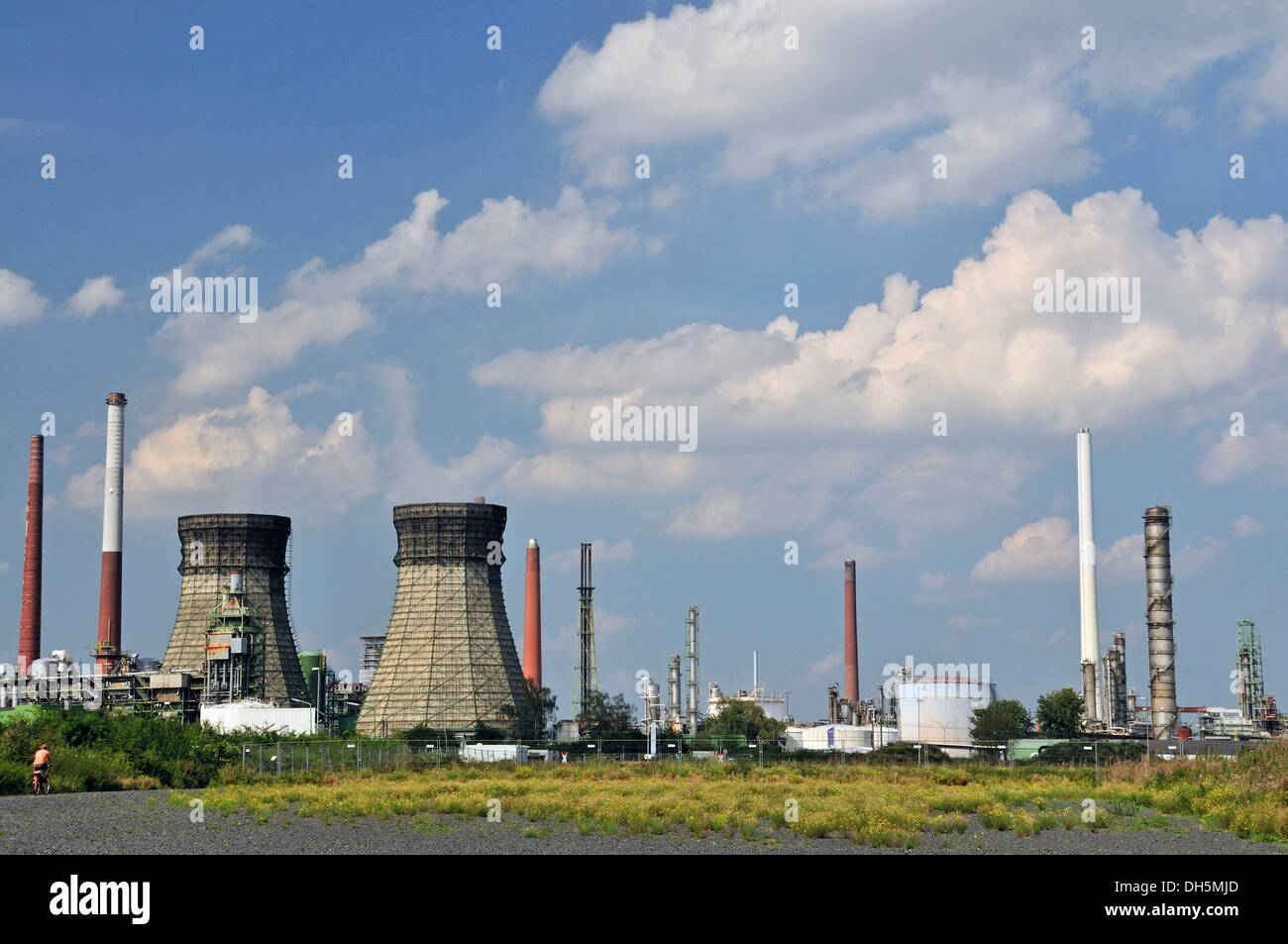 Pile di sfiato e del bruciatore, Rheinland Raffinerie-Werk Nord raffineria Shell, Germania, la raffineria di petrolio, Godorf vicino a Wesseling Foto Stock