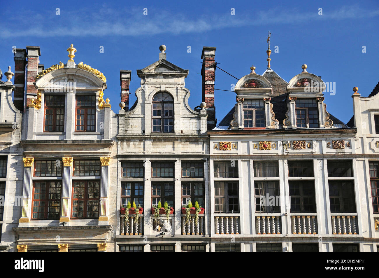 Sainte Barbe, Chêne und Petit Renard, guild houses sul Grote Markt Square, Grand Place square, Bruxelles, Belgio, Europa Foto Stock