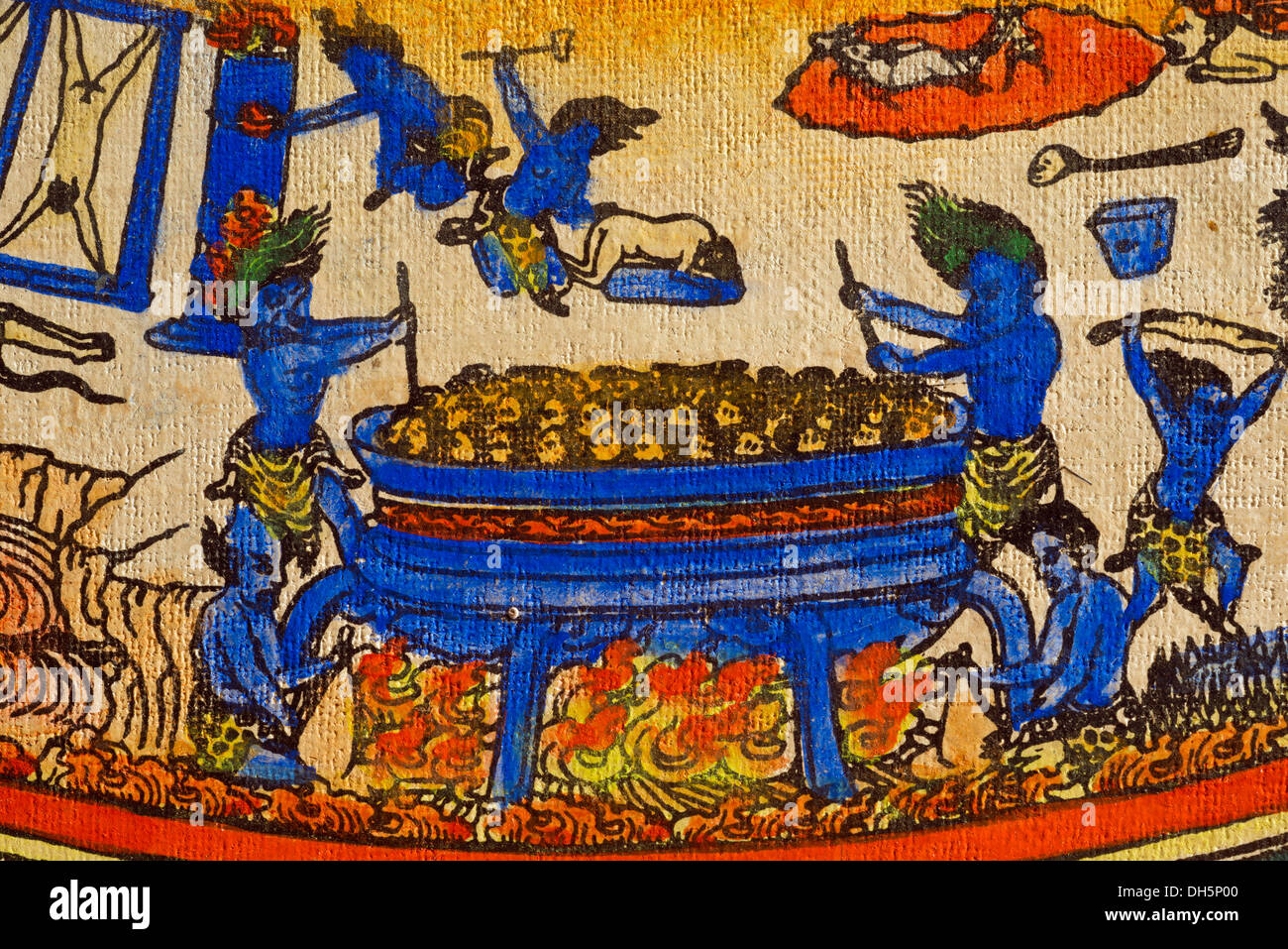 L'inferno e esseri dall'inferno, rappresentazione su un thangka, scorrere la pittura del Buddhismo Tantrico, MEDITAZIONE MANDALA Foto Stock