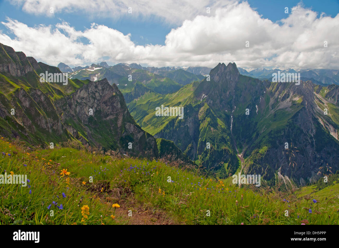 Hoefats montagna, 2259m, vista da Laufbacher Eck-Weg sentiero escursionistico, Algovia, Allgäuer Alpen, Baviera, Germania Foto Stock