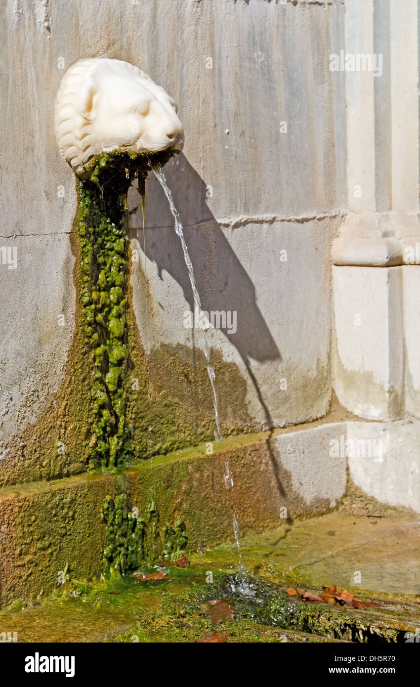 Una fontana di pietra, l'erogazione di acqua potabile, nel villaggio di Kosmas, area Arkadia, Grecia Foto Stock