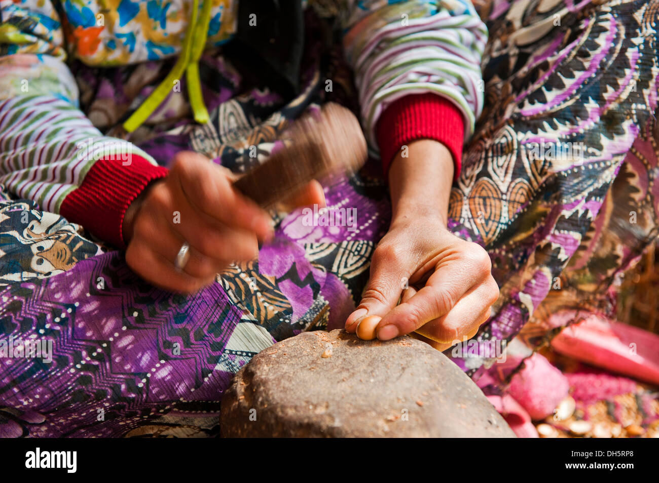Donna berbera colpendo argan dadi su una incudine di pietra con una roccia per arrivare al kernel per la preparazione di olio di argan, Anti-Atlas Foto Stock