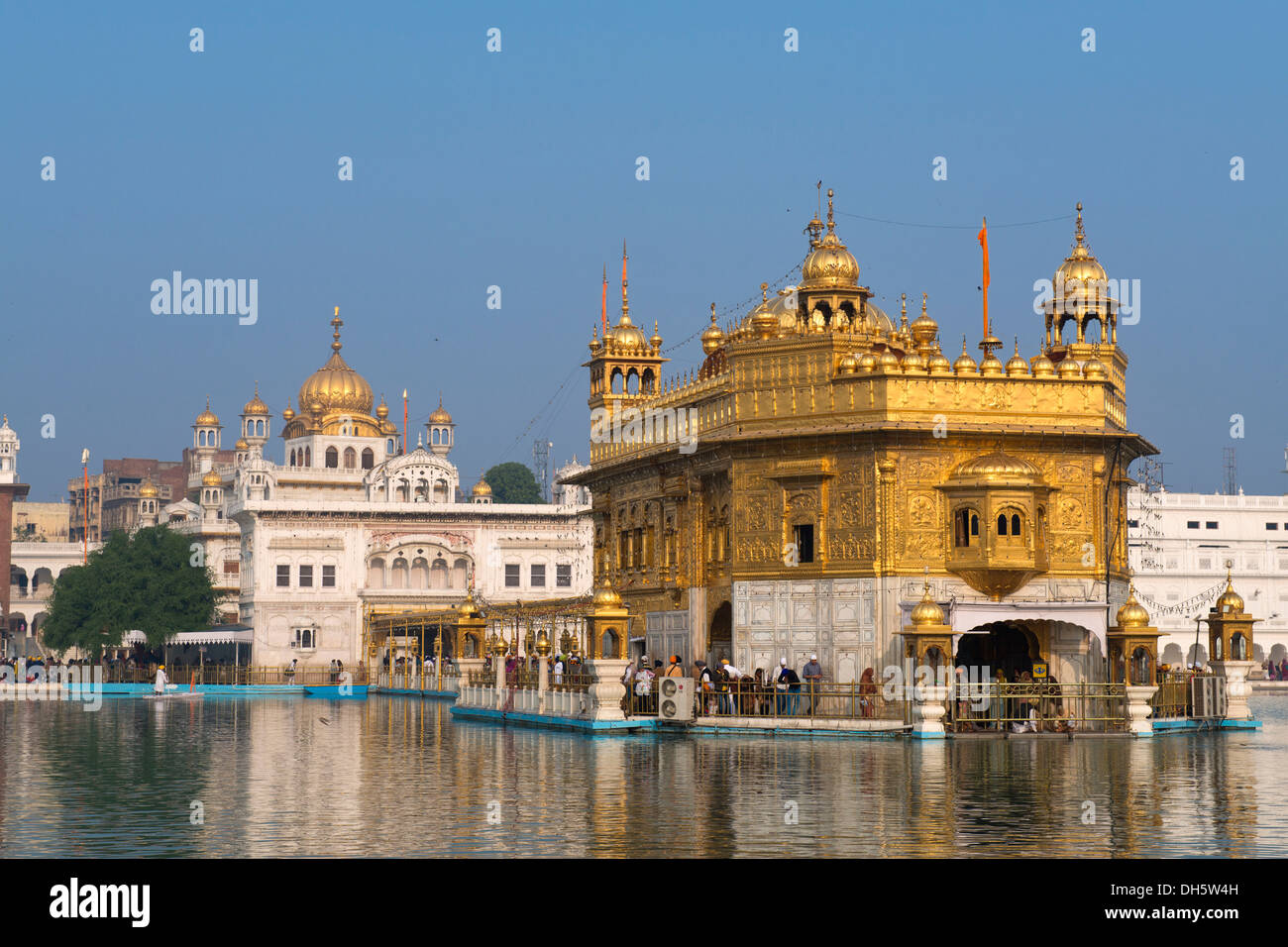 Hari Mandir o Tempio d'Oro, nel lago sacro di Amrit Sagar, il principale santuario della religione Sikh comunità religiosa, Amritsar Foto Stock
