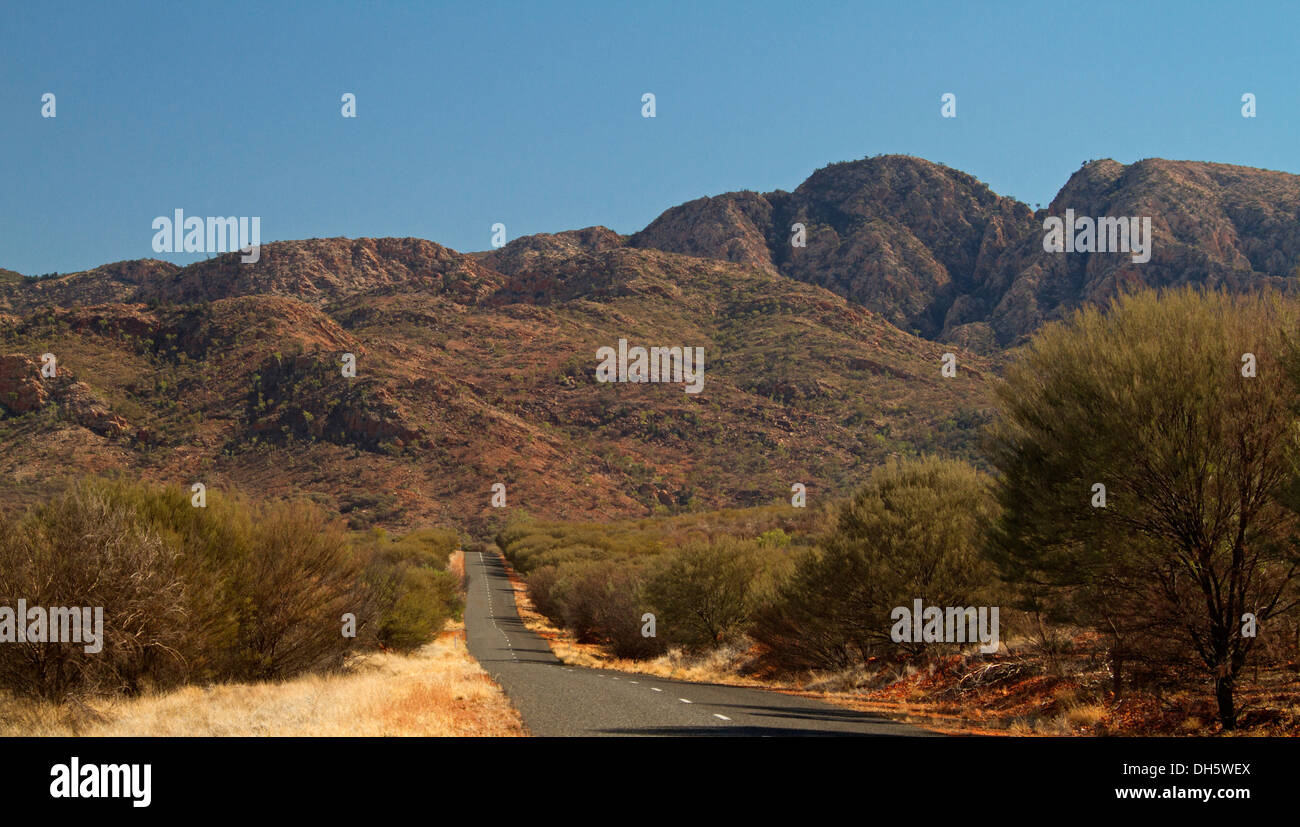 Strada in Australia outback costeggiato da alberi a bassa voce verso West MacDonnell Ranges vicino a Alice Springs - Territorio del Nord Foto Stock