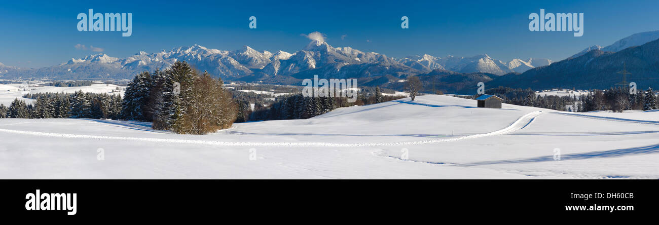 Panorama del paesaggio con montagne delle Alpi in Baviera in inverno Foto Stock