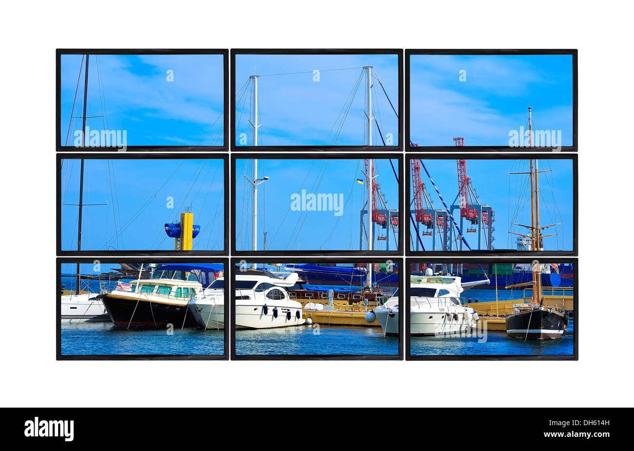 Blu pannelli piatti con barche nel porto Foto Stock