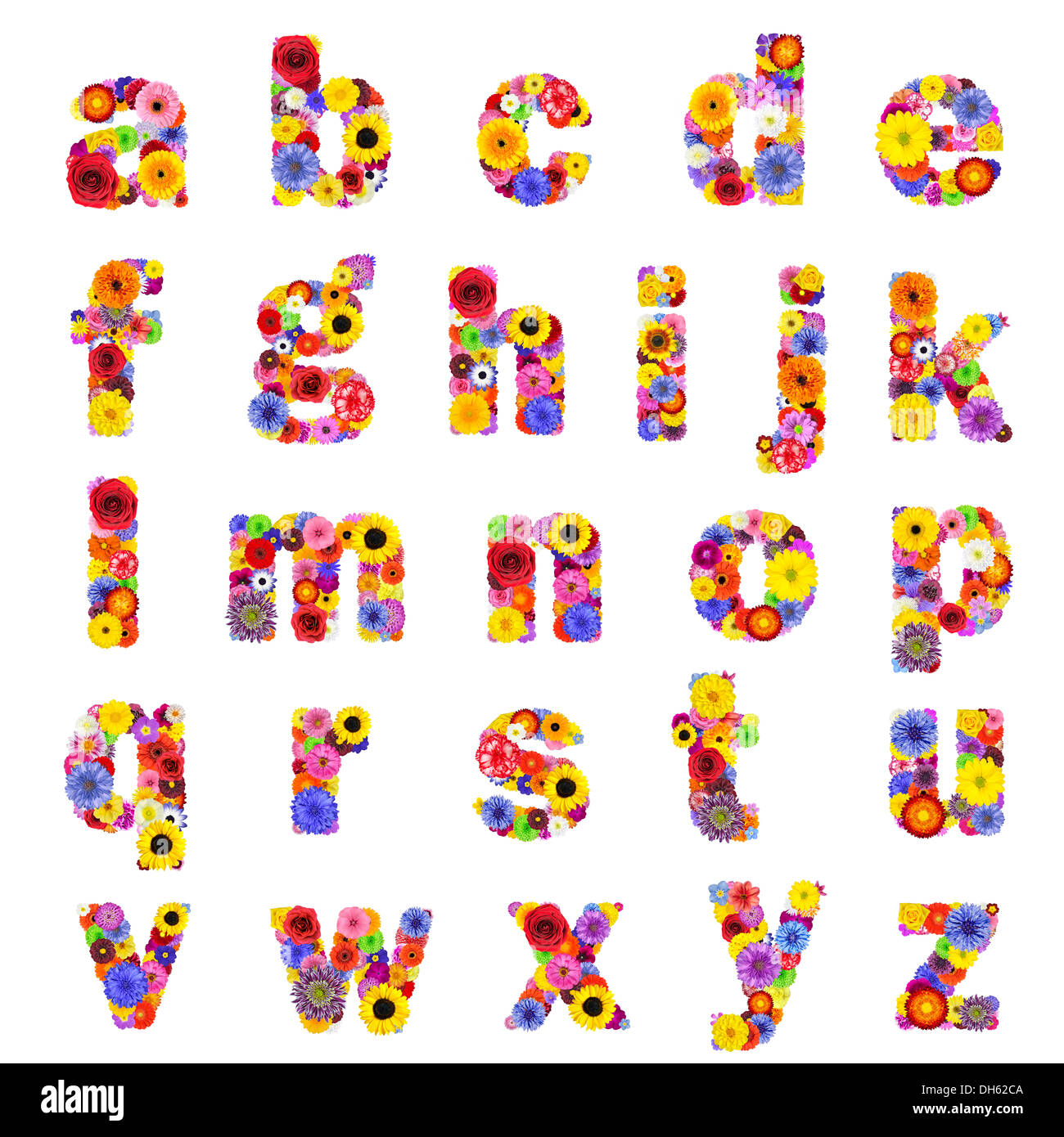 Piena floreali alfabeto minuscolo isolati su sfondo bianco. Le lettere dalla A alla Z fatta di molte colorate e fiori originale Foto Stock