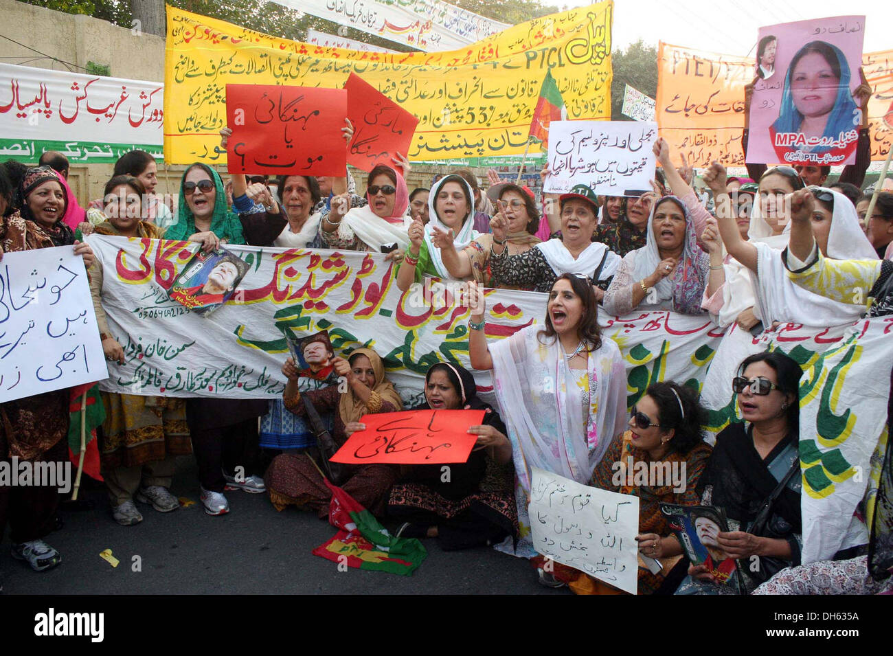 Gli attivisti del Tehreek-e-Insaf (PTI) chant slogan contro il prezzo escursionismo durante la manifestazione di protesta a Lahore press club il Venerdì, 01 Novembre, 2013. Foto Stock