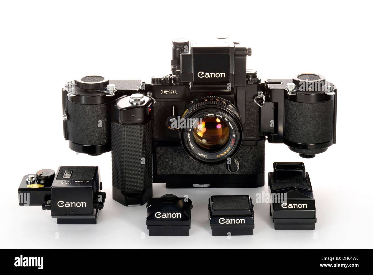 Canon F-1, modello da 1971, con un 1.2-55mm SSC asferica lente FD, T finder con amplificatore, booster, livello della vita finder Foto Stock