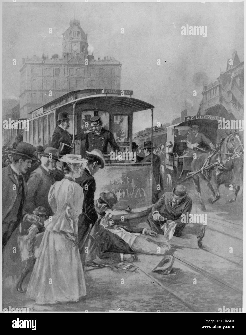 Viene raffigurato un incidente di cavo a Broadway, che mostra l'interruzione causata da un cavo guasto. L'immagine riflette le sfide affrontate dalle infrastrutture cittadine e i potenziali rischi associati alle operazioni urbane su larga scala. Foto Stock