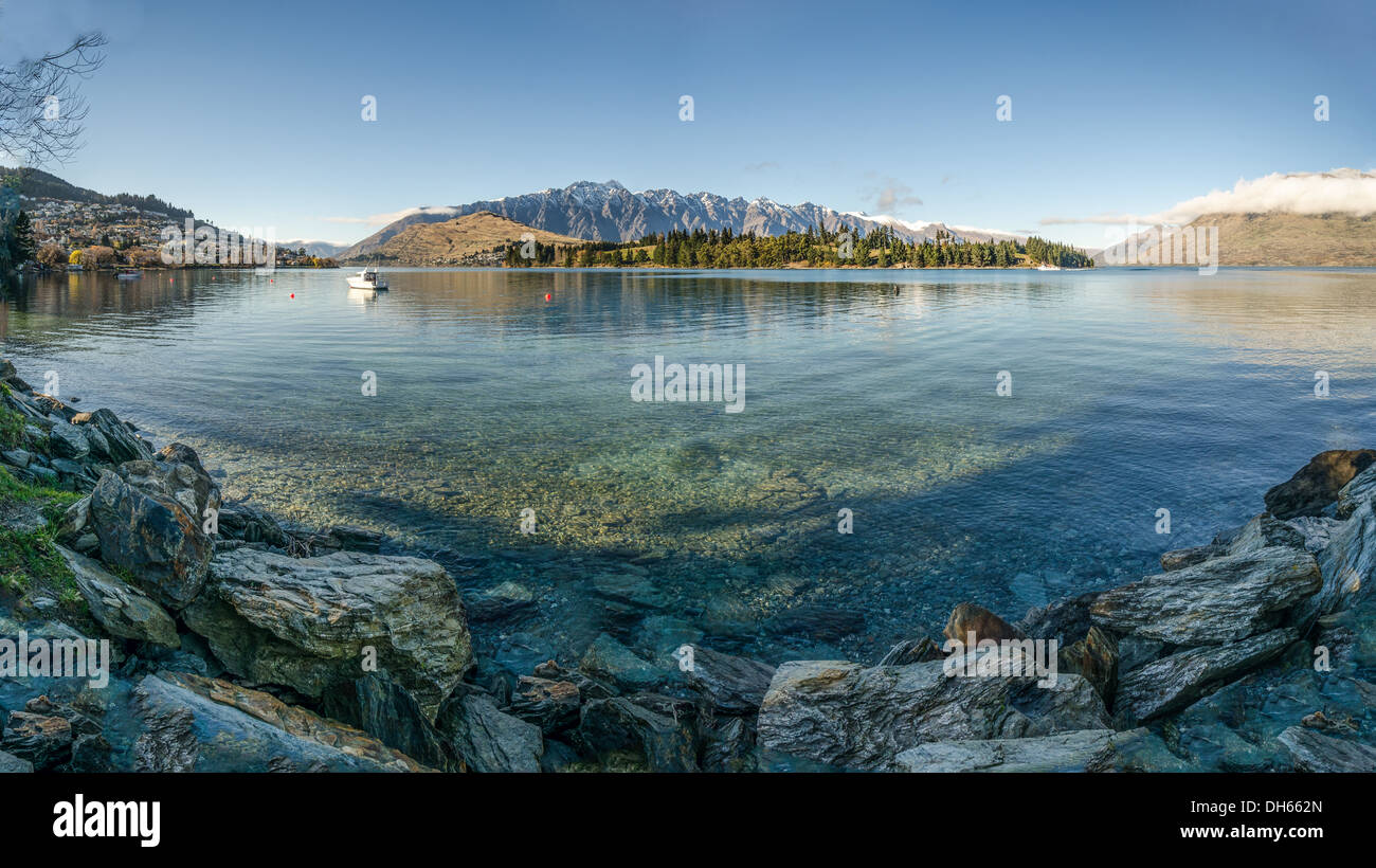 Panorama del lago Wakatipu, Queenstown, New Zealand Nuova Zelanda Foto Stock