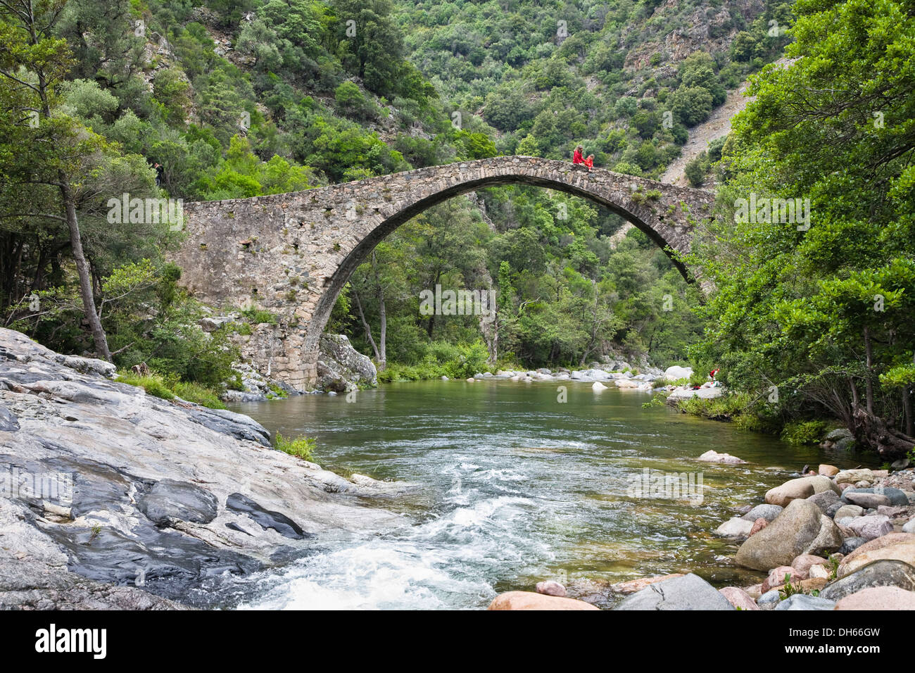 Genovese vecchio ponte di pietra sul fiume porto nei pressi del villaggio di Ota, Gole di Spelunca, Corsica, Francia, Europa Foto Stock