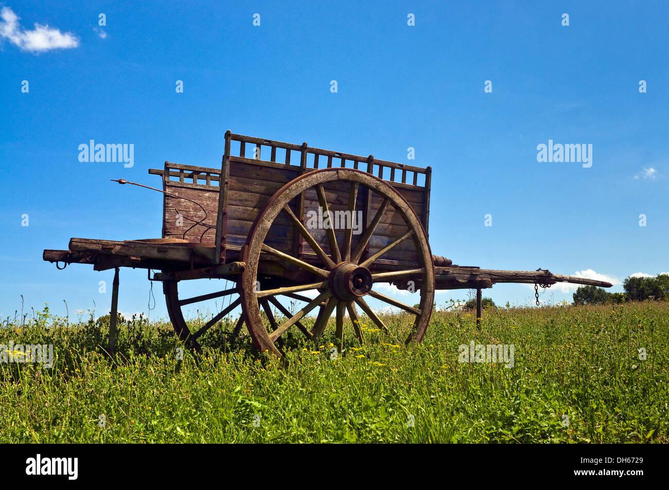 Il vecchio tradizionale in disuso farm-cart in campo - Indre-et-Loire, Francia. Foto Stock