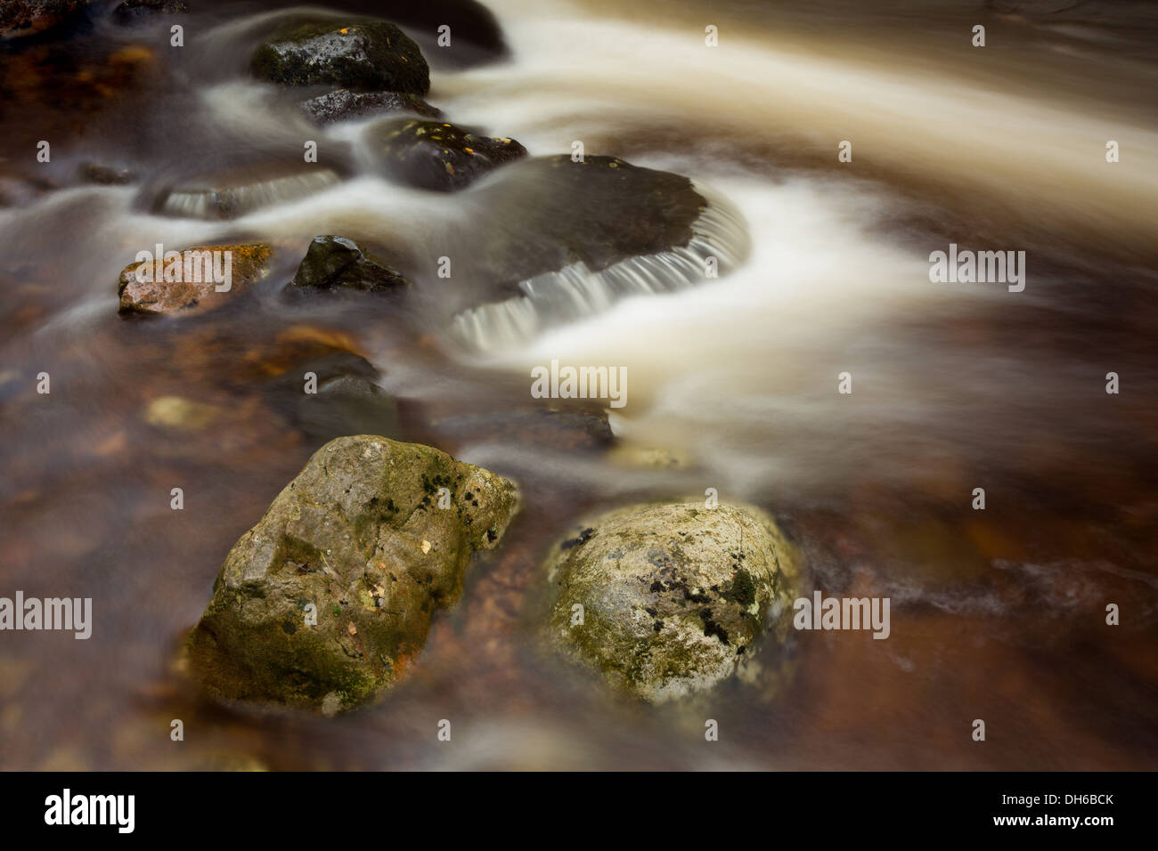 In prossimità di un fiume che mostra l'acqua si muove oltre le pietre in questa lunga esposizione. Foto Stock