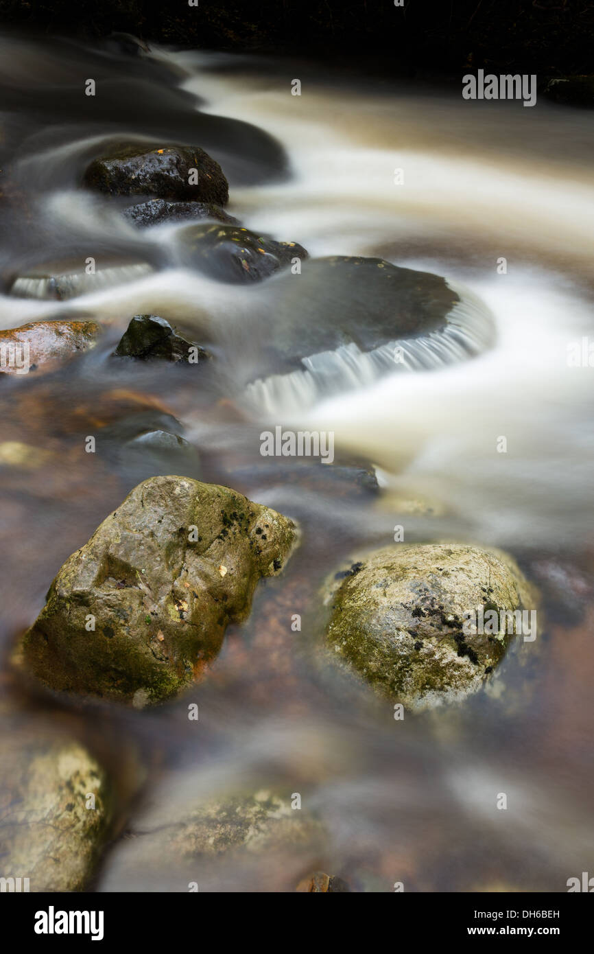 In prossimità di un fiume che mostra l'acqua si muove oltre le pietre in questa lunga esposizione. Foto Stock
