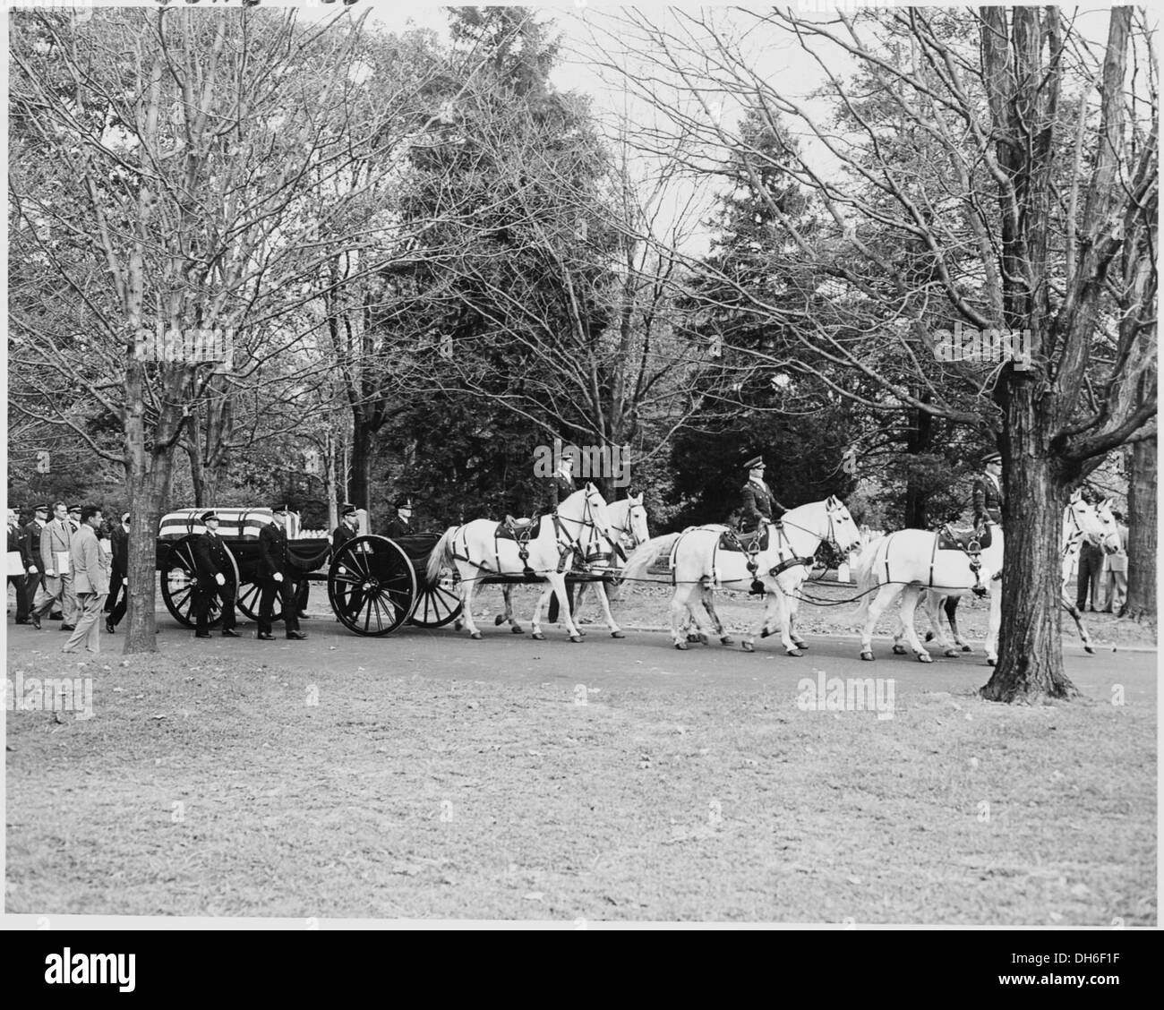 Questa foto mostra la corte che porta la bara drappeggiata di bandiera del soldato Leslie Coffelt, un agente di polizia della Casa Bianca che è stato ucciso nell'esercizio del suo dovere. L'immagine cattura il solenne tributo al suo sacrificio. Foto Stock