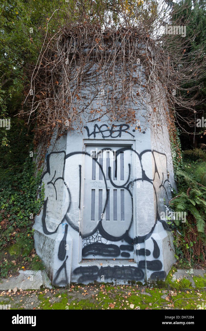 Graffiti lungo l arboreto Waterfront Trail vicino al Ponte Montlake - Montlake, Seattle, King County, Washington, Stati Uniti d'America Foto Stock