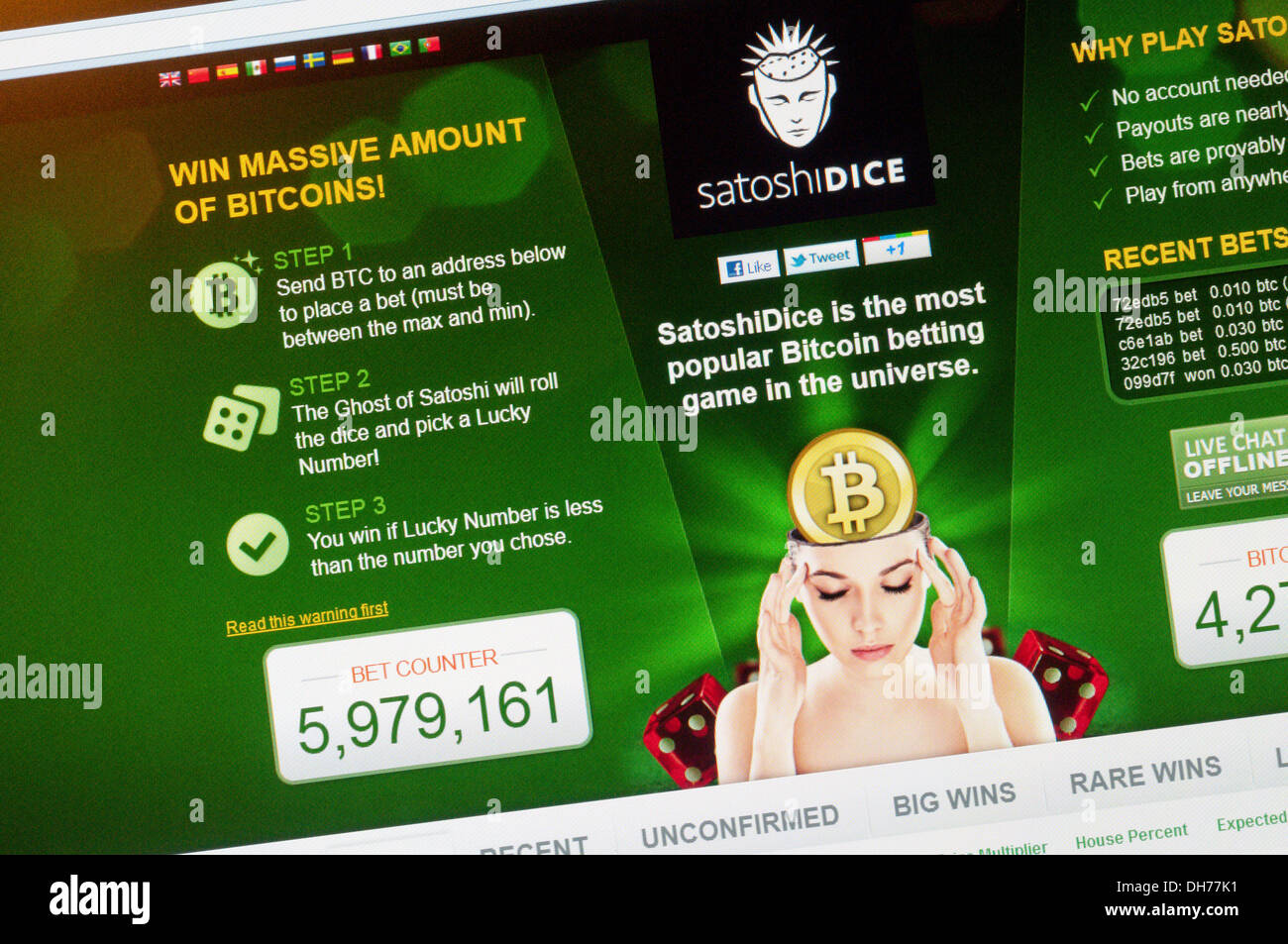 La home page pf il Bitcoin SatoshiDice scommesse sul sito web. Foto Stock