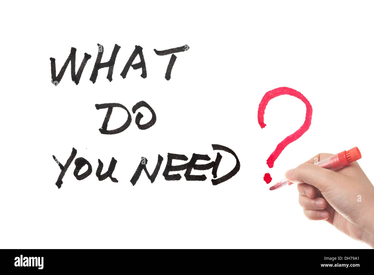 Di che cosa avete bisogno di parole scritte sulla lavagna bianca Foto Stock