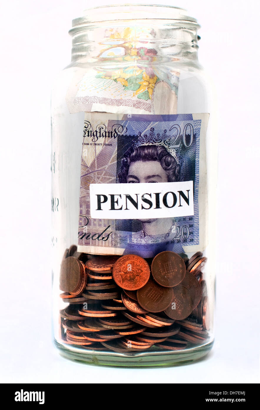 Illustrazione di denaro il riempimento di una pentola di pensione, Londra Foto Stock
