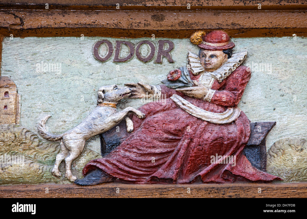 Odore, latino per l'olfatto, vecchia scuola latina, sculture in legno, Alfeld, Germania Foto Stock