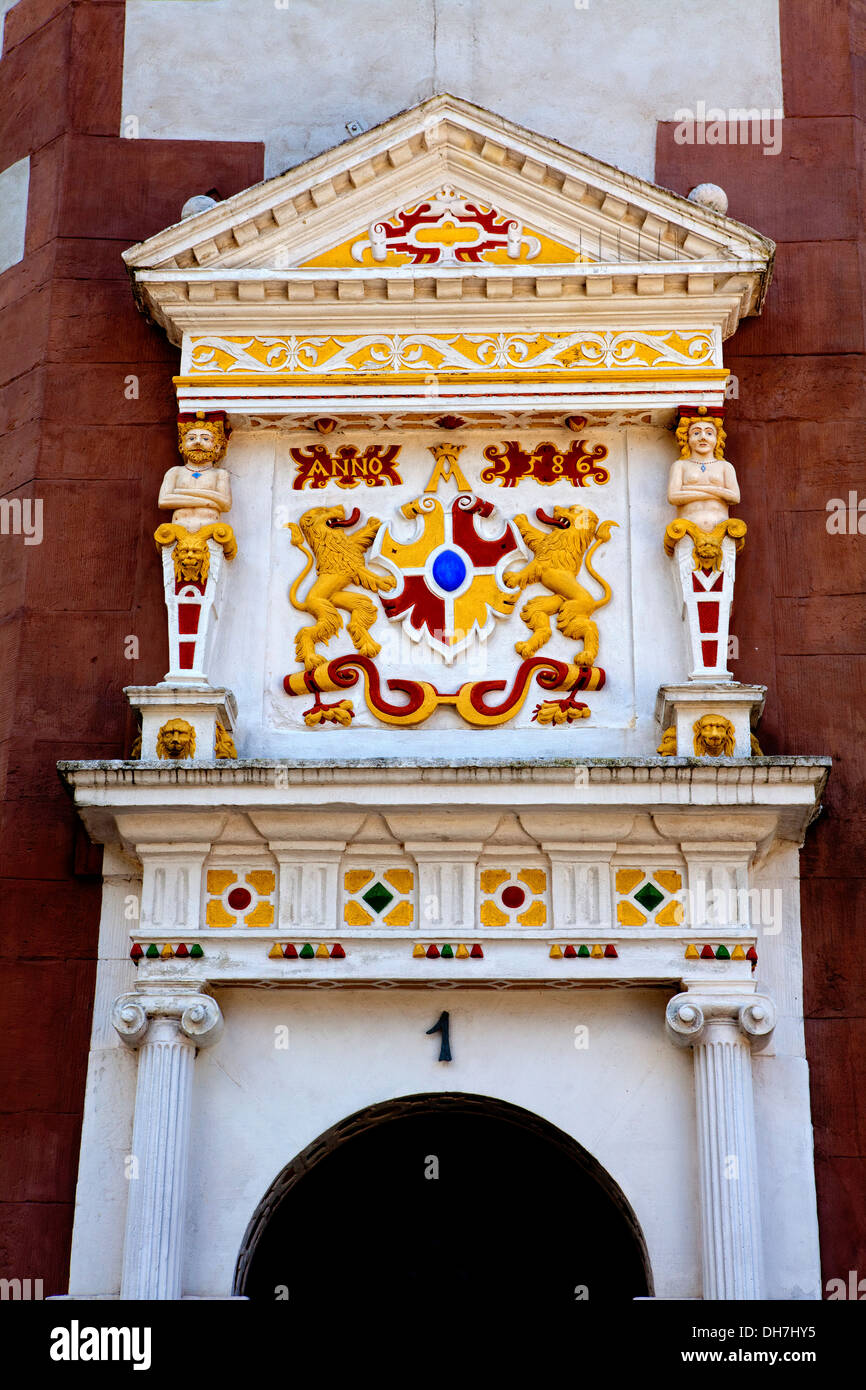 Stemma sulla Alfeld city hall, XVI secolo, Alfeld, Leine, Bassa Sassonia, Germania, Europa Foto Stock
