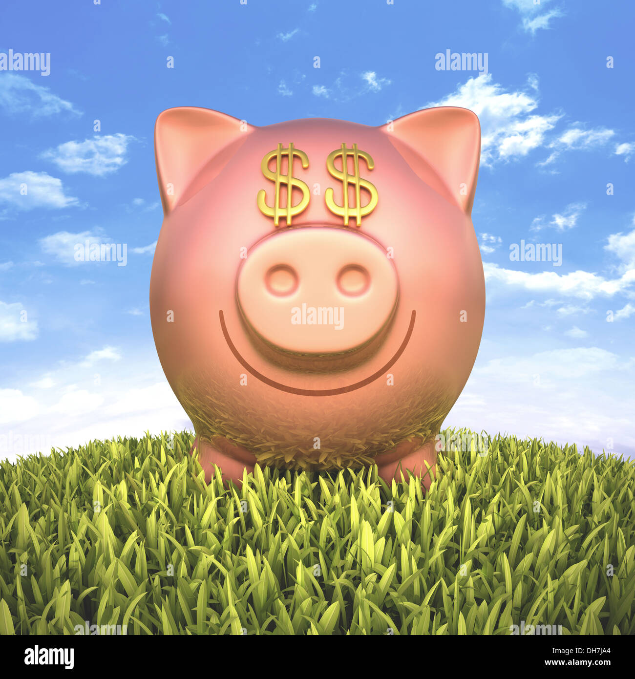 Salvadanaio con occhi denaro segno sull'erba. Foto Stock