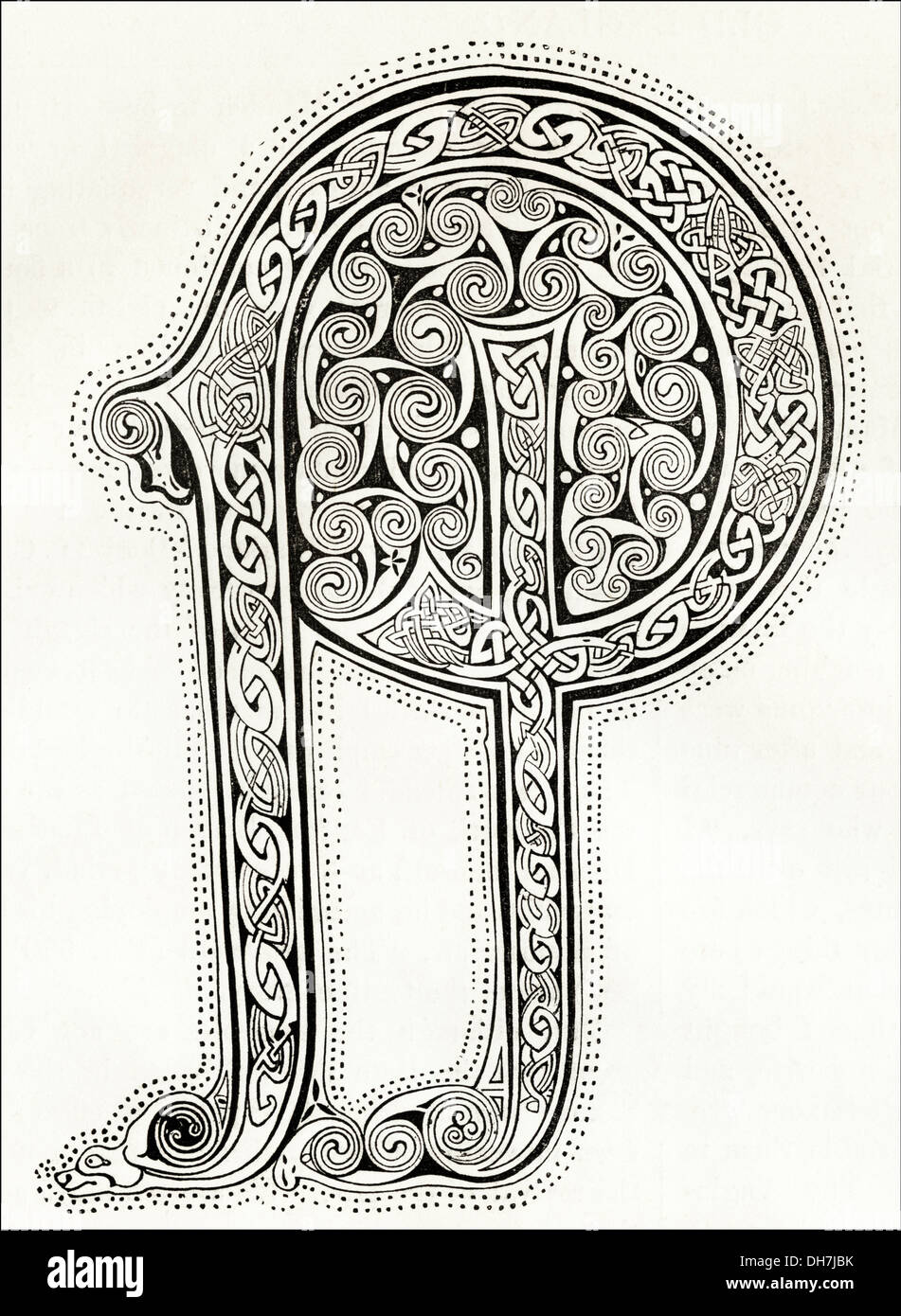 Anglo-sassone in Gran Bretagna. Anglosassone lettera illuminata dal VIII secolo manoscritto. Silografia vittoriano circa 1845. Foto Stock