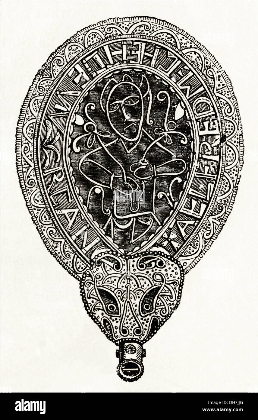 Anglo-sassone in Gran Bretagna. Re Alfredo il Grande del secolo IX anglosassone ornamento d'oro trovato sull'Isola di Athelney. Silografia vittoriano circa 1845. Foto Stock