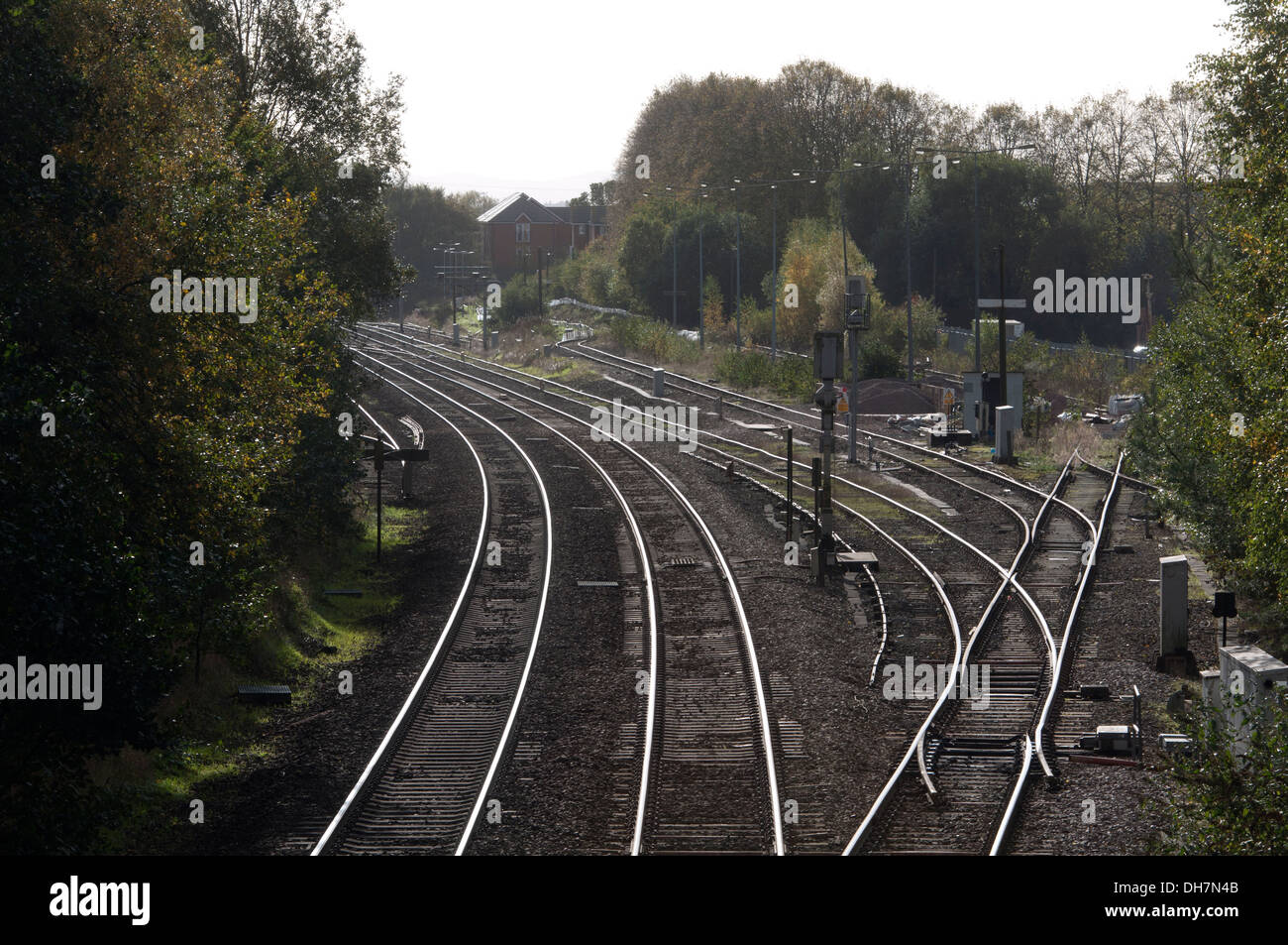 I binari ferroviari a sud della stazione di Bromsgrove, Worcestershire, Regno Unito Foto Stock