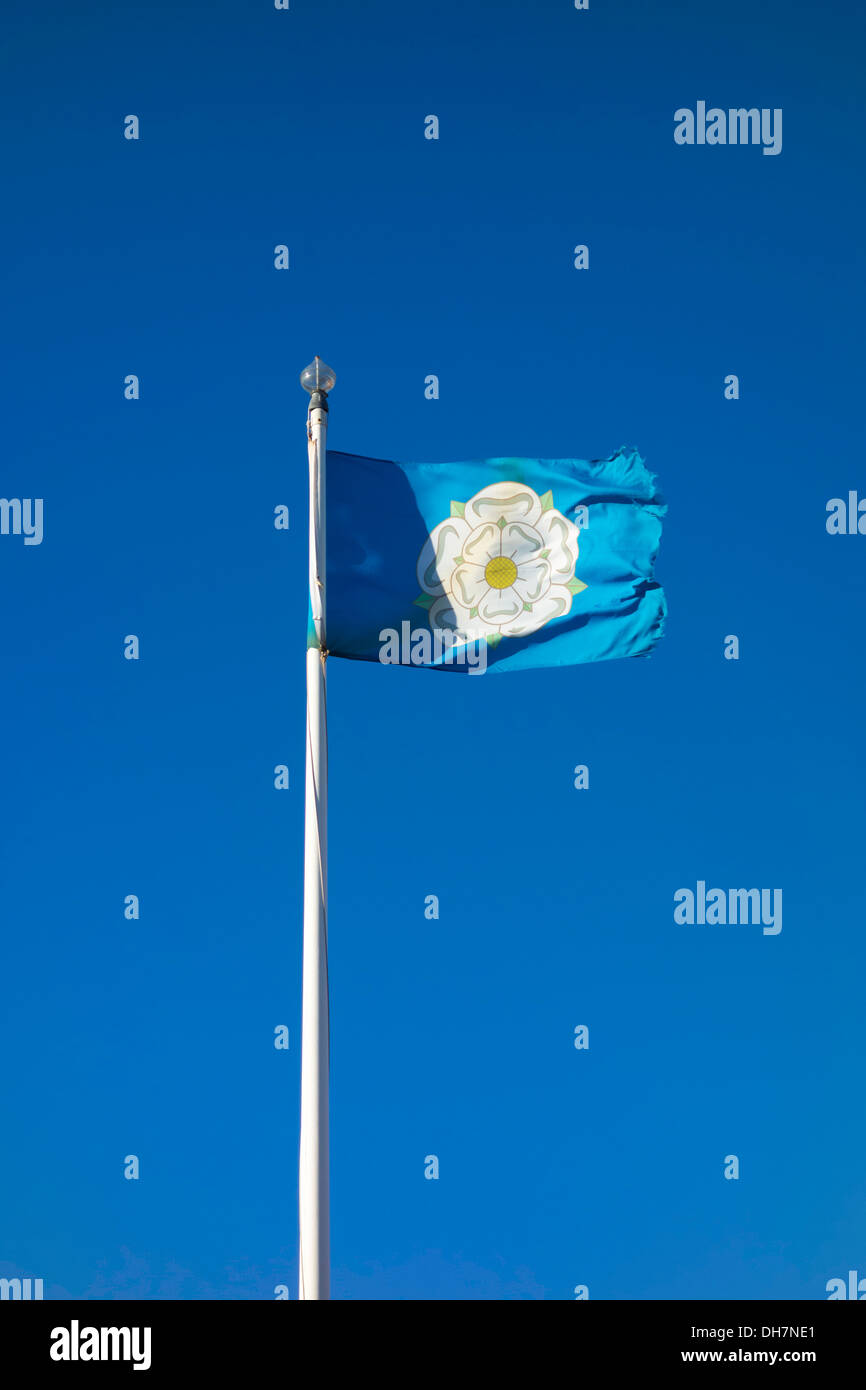 Gazzetta Yorkshire County bandiera con una rosa bianca su una massa blu battenti in una brezza leggera Foto Stock