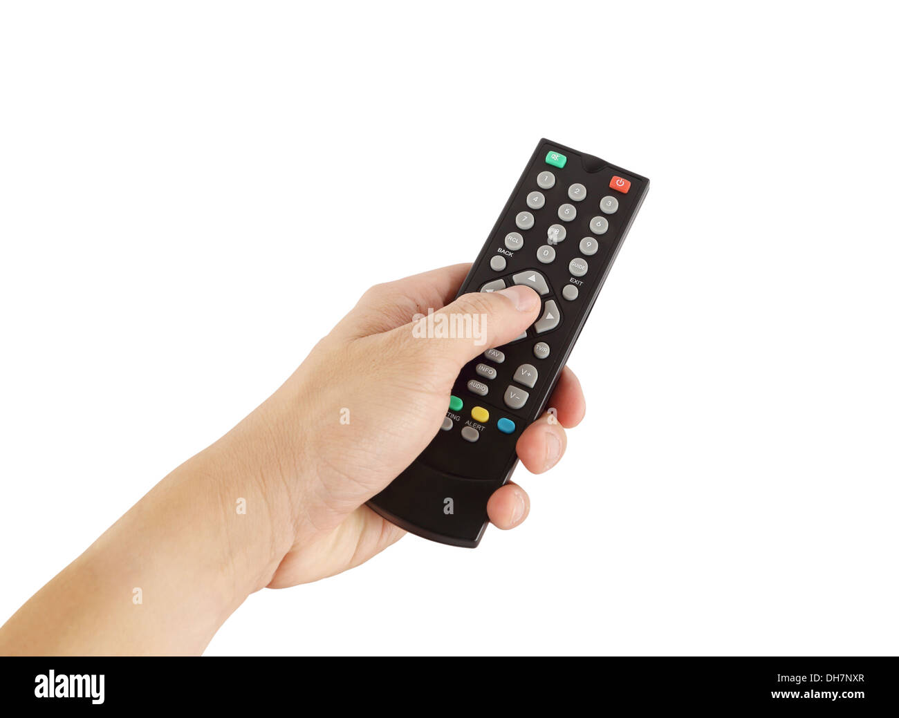 Mano con comando remoto su sfondo bianco (con percorso di clipping) Foto Stock