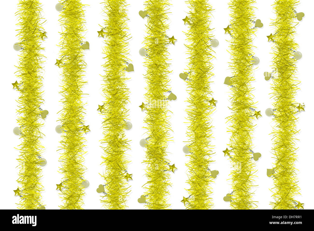 Oro tinsel natale decorazione su sfondo bianco Foto Stock