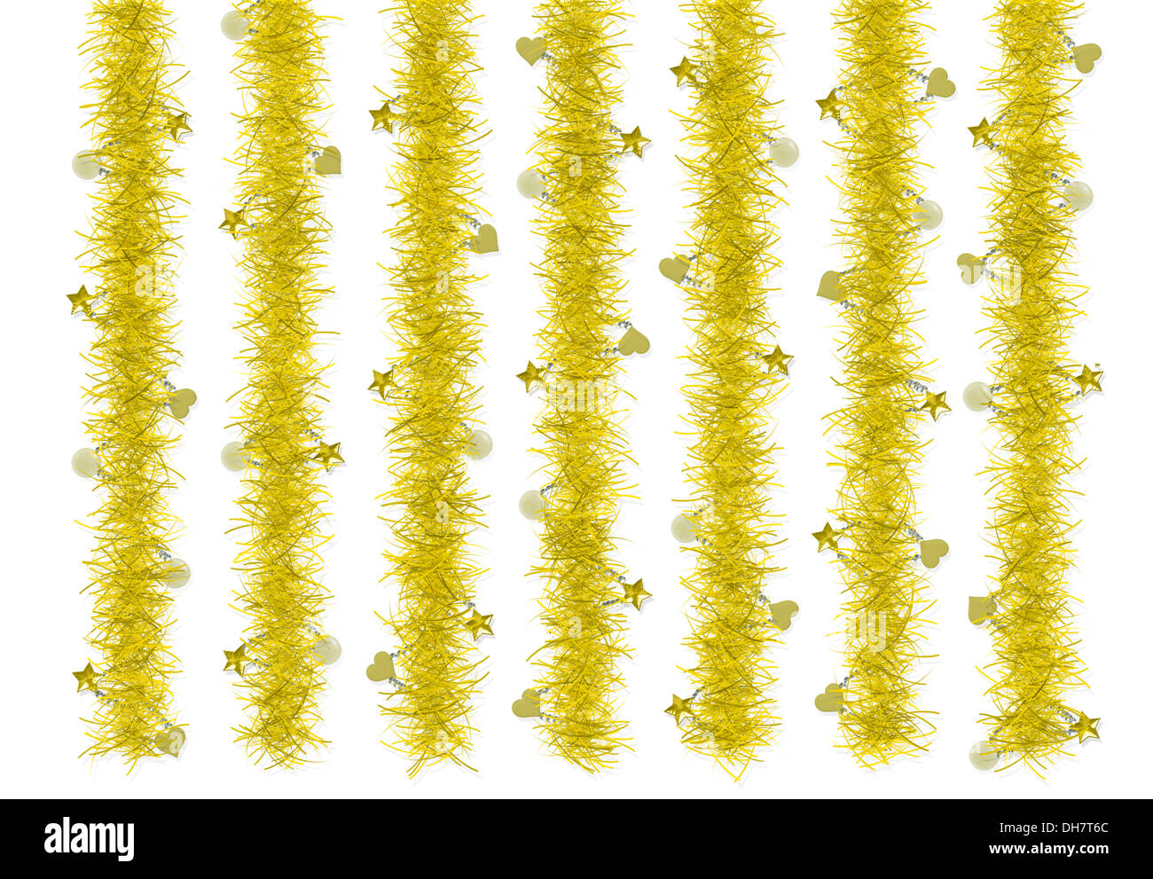 Oro tinsel natale decorazione su sfondo bianco Foto Stock
